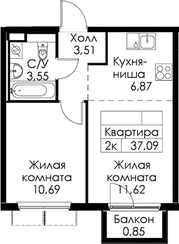 1-комнатная квартира 37.09 м², 7/15 эт., ЖК «Янинский лес»